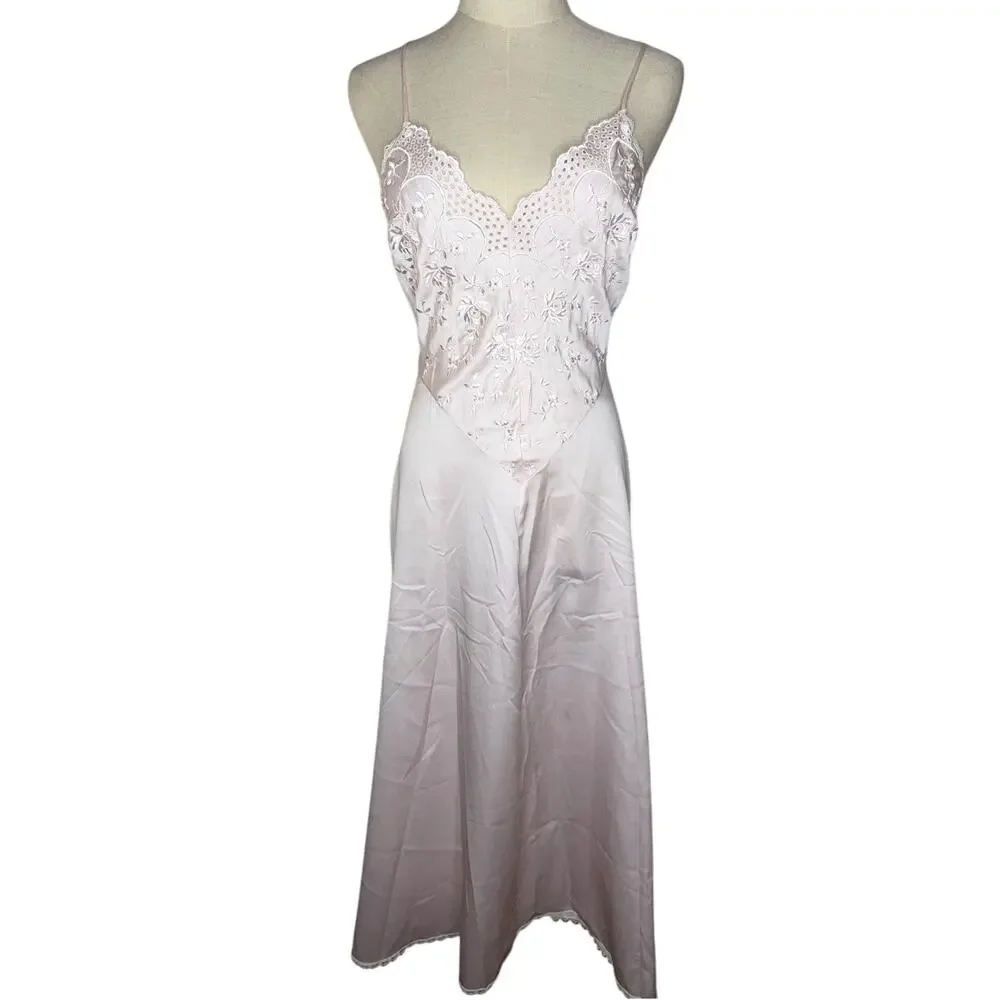Vintage Victoria Secret Dainty Embroidered Pink Slip Halter Dress Size Small